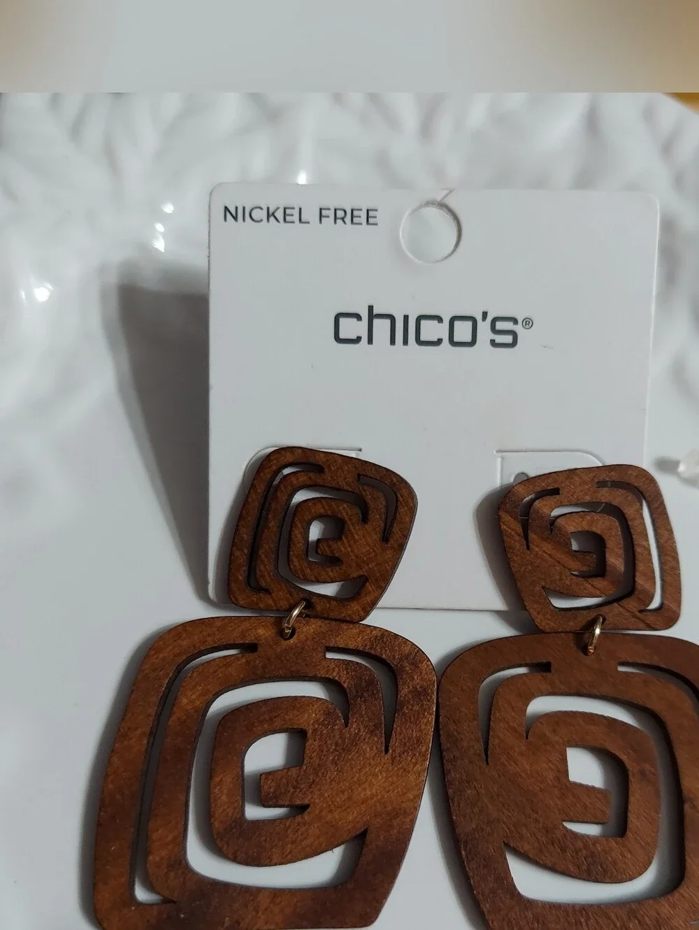 Chico's Elegant Brown Wood Geo Freeform Drop Earrings